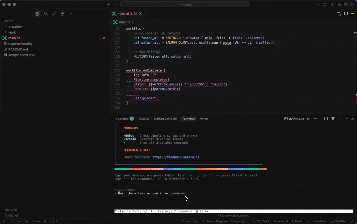 Use Seqera AI CLI to debug Nextflow pipeline scripts